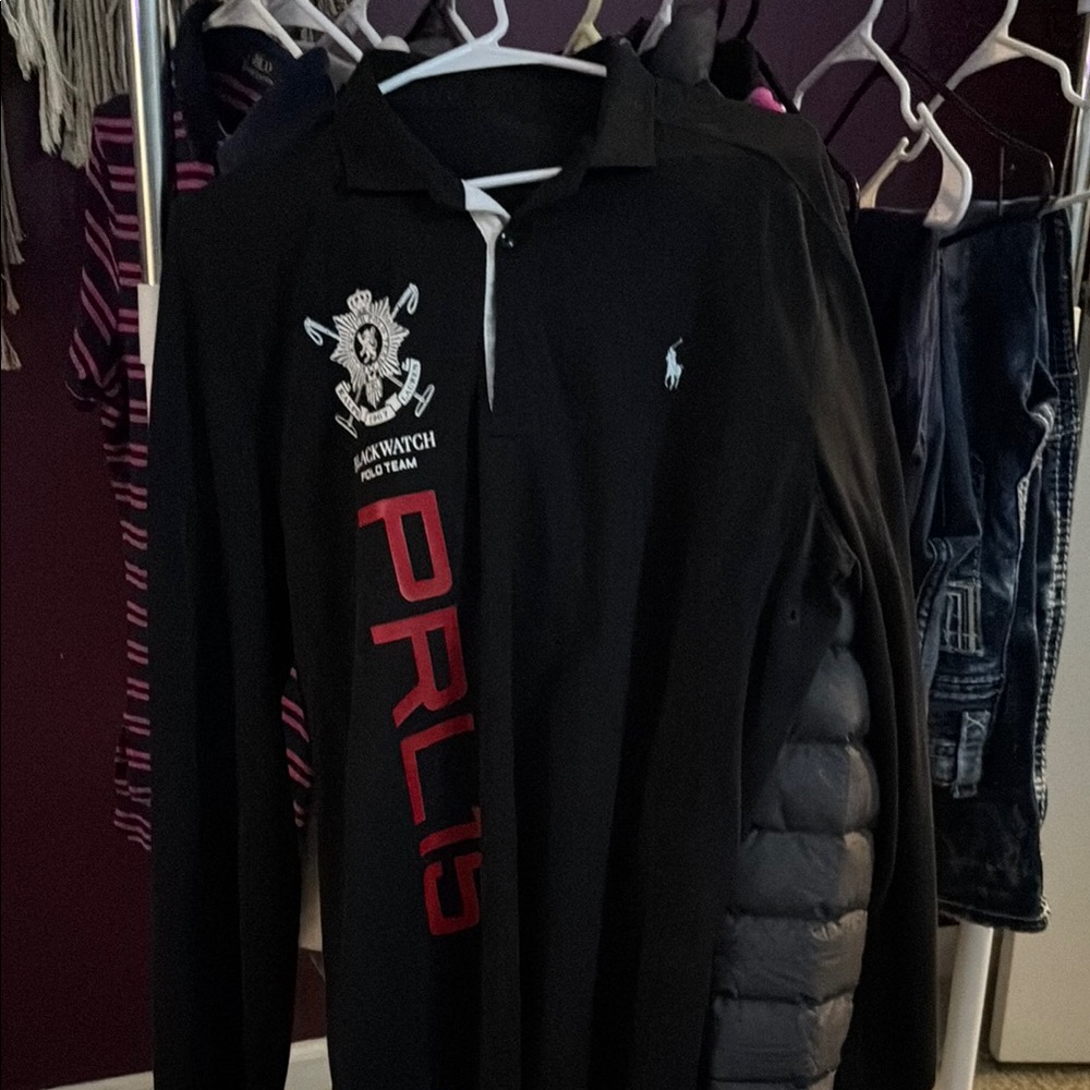 Black Long Sleeve Polo Shirt with Red Logo
